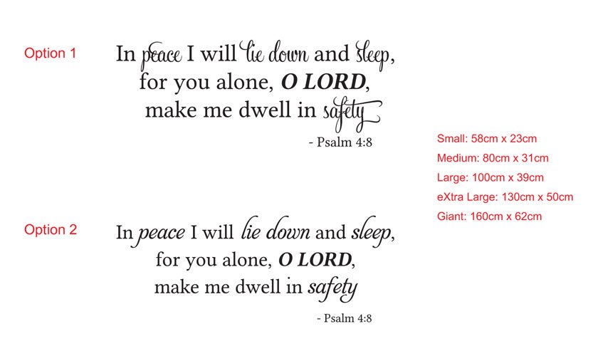 In Peace I will lie down and sleep, for you alone, O LORD, make me dwell in safety, Psalm 4:8 Bible Wall Quote Vinyl Decal Sticker