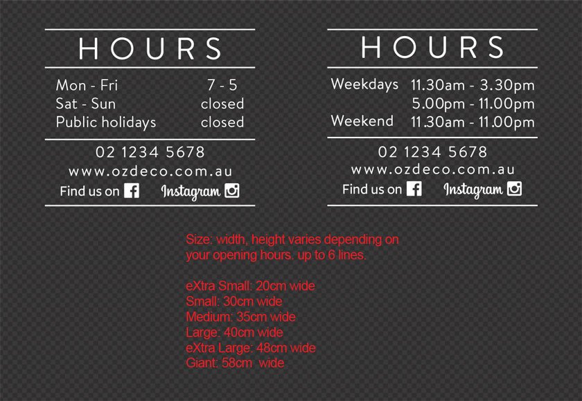 Simple Modern version<br>Custom Opening Hours Window Decal Weekdays Weekend Facebook Instagram
